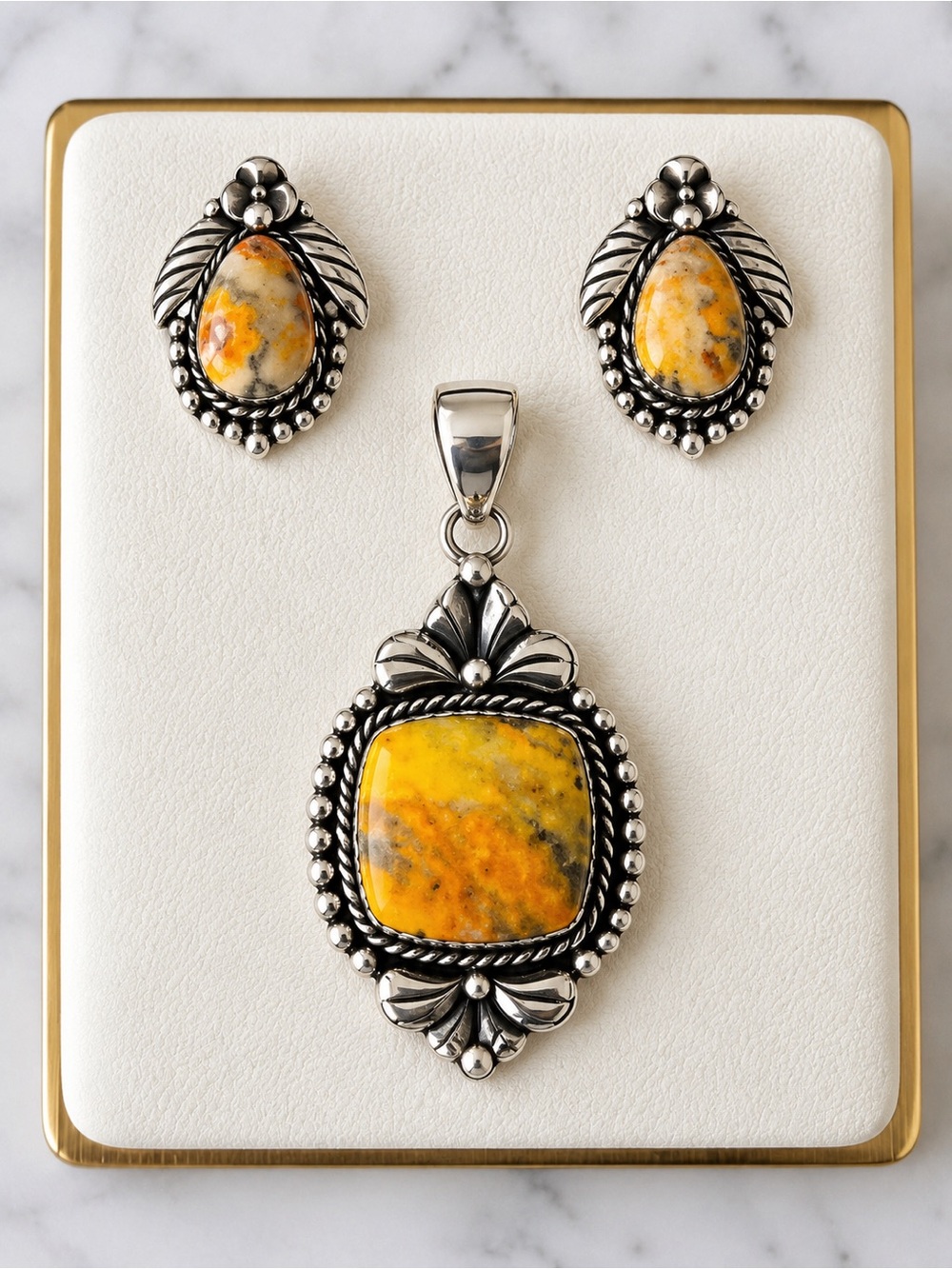 925 Sterling Silver Bumblee Bee Jasper Pendant & Earrings